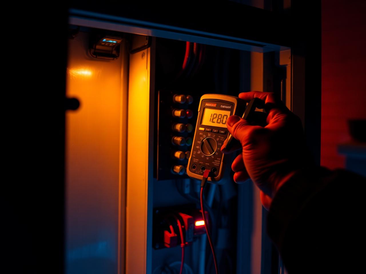 Elektriker misst mit einem Multimeter an einem Verteilerschrank